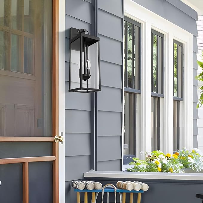 Dusk to Dawn Outdoor Wall Sconce Lights, 20 Inch Tall Transitional Exterior Wall Lighting with Clear Glass, Anti-Rust Powder Coat Black Modern Outside Lantern for Front Porch, DDRZ008M-2 BK