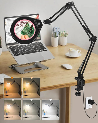 10X & 5X Magnifying Glass with Light, Ultra Long Swing Arm, 5 Colors & 10 Brightness, Real Glass Lens Large Magnifying Lamp for Craft Painting Workbench Jewelry Making Hobby Close Work (Pink)