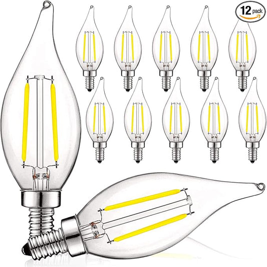 LUXRITE 4W Vintage Candelabra LED Bulbs Dimmable, 400 Lumens, 5000K Bright White, LED Chandelier Light Bulbs 40W Equivalent, Flame Clear Glass, Filament LED Candle Bulb, UL Listed, E12 Base (12 Pack)