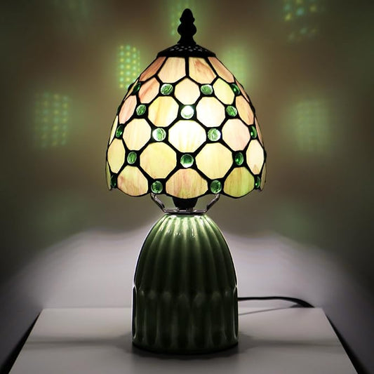 Tiffany Lamp Stained Glass Mushroom Table Lamps 6X6X12.5 Inch Amber Green Pearl Style Small Night Light Ceramic Base Mini Accent Desk Light Suitable for Bedside Table Bedroom Children Room