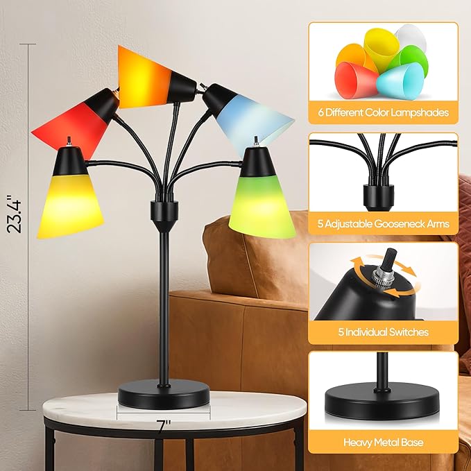 Hamucd Tree Table lamp, Multi Head Medusa 5 Light Adjustable Gooseneck Corner Lamp, Rustic Kids Bedside Reading Lamp with Fun Light Multicolored Shades for Bedroom, Living Room, Office, STR-DL-0027