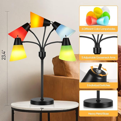 Hamucd Tree Table lamp, Multi Head Medusa 5 Light Adjustable Gooseneck Corner Lamp, Rustic Kids Bedside Reading Lamp with Fun Light Multicolored Shades for Bedroom, Living Room, Office, STR-DL-0027