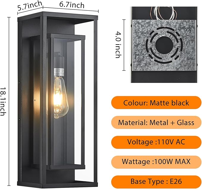 AIBISDO 18In Large Outdoor Wall Light -2 Pack, Black Exterior Lighting Fixture, Outdoor Wall Lantern with Clear Glass Shade, Waterproof Porch Light for Patio, Garage, Front Door（Black）