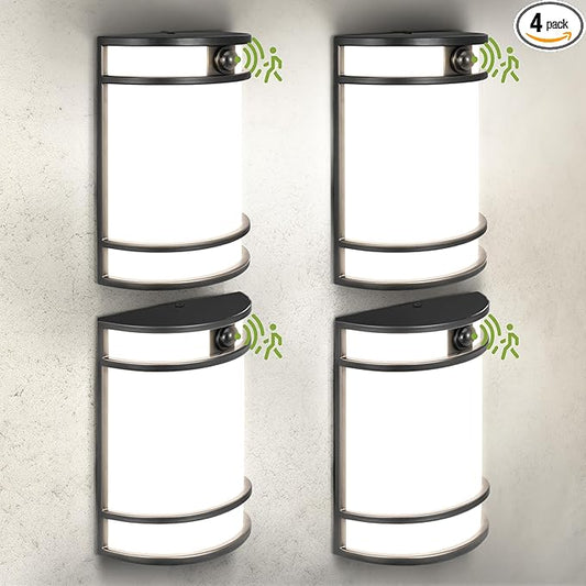ASD 10 Inch LED Outdoor & Indoor Wall Mount Light Fixture with Motion Sensor - Black Wall Sconce Lighting - 15W 120-277V 3000K 4000K 5000K Adjustable Exterior Lights - Front Door & Patio - ETL 4 Pack