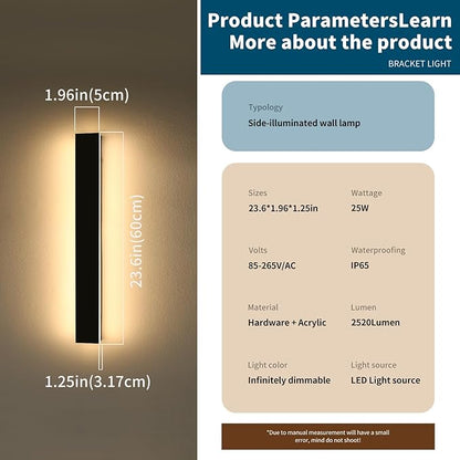 2 Pack 23.6inch Modern Outdoor Light Fixture, 3000K-6000K Dimmable LED Wall Sconce, IP65 Waterproof Black Linear Exterior Lighting for House, Porch, Patio, Garage with Remote Control