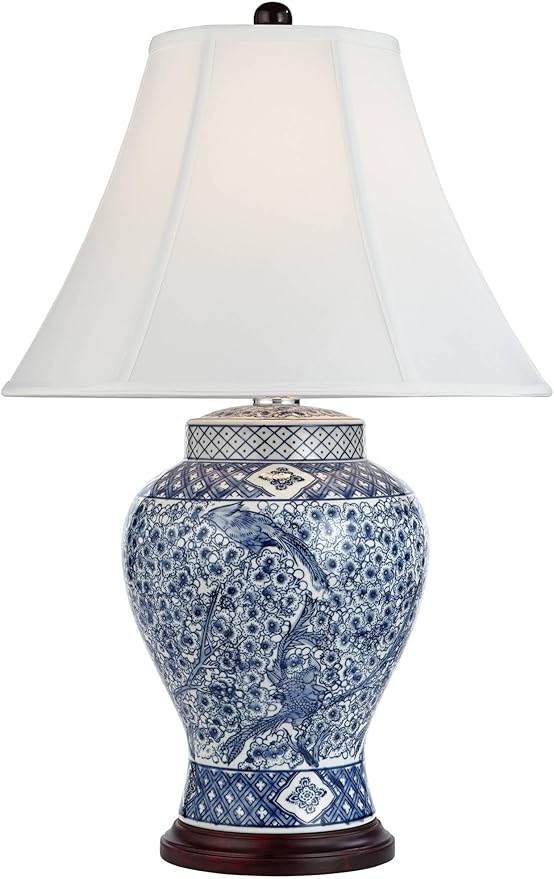 Barnes and Ivy Shonna Garden Bird 27" Tall Jar Traditional Table Lamps Set of 2 Blue Porcelain White Shade Living Room Bedroom Bedside Nightstand House Office Home Kitchen Entryway Console