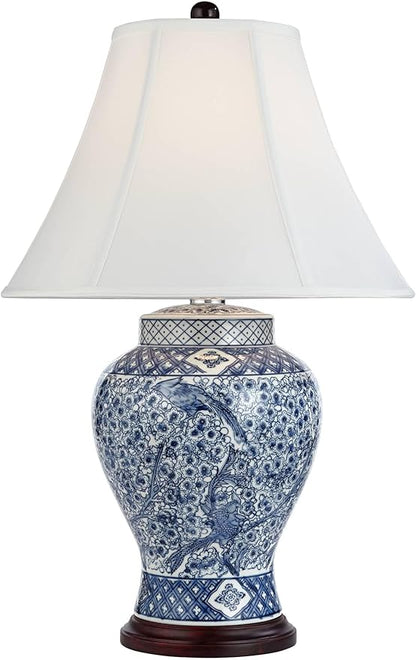 Barnes and Ivy Shonna Garden Bird 27" Tall Jar Traditional Table Lamps Set of 2 Blue Porcelain White Shade Living Room Bedroom Bedside Nightstand House Office Home Kitchen Entryway Console