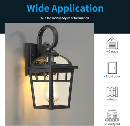 Front Porch Lights Outdoor Wall Lights Exterior Wall Sconce, Matte Black Exterior Light Fixtures with Seeded Glass Farmhouse Outdoor Lighting Fixtures for House Garage Porch Patio, 2 Pack