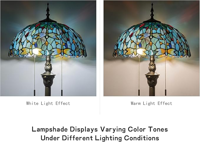Tiffany Style Floor Lamp, 16" Stained Glass Dragonfly Shade with Antique Bronze Base, 2-Light E26 Pull Chain Standing Reading Light for Living Room, Bedroom, UL Listed, 16x16x64 Inches