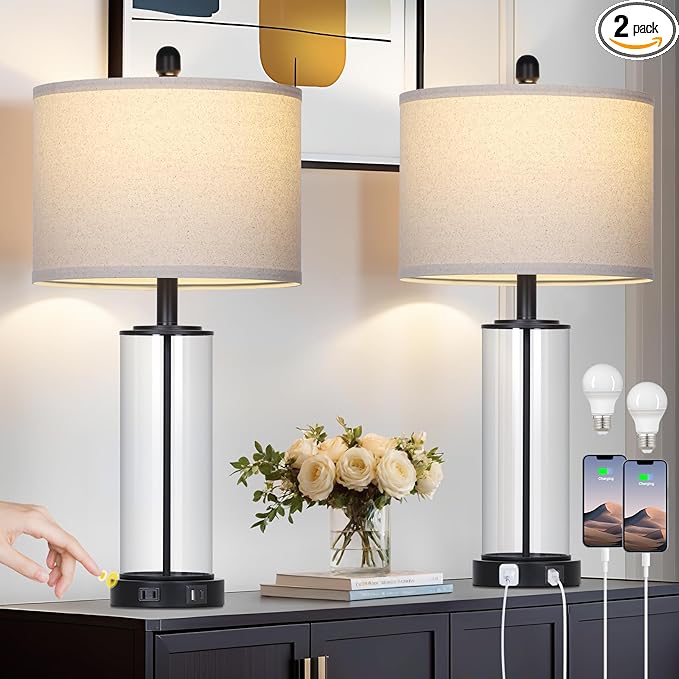 26" Black Glass Table Lamps Set of 2, 3-Way Dimmable Touch Control Living Room Lamp with USB C+A Ports & AC Outlet, Modern Bedside Lamps, Elegant Bedroom Lamps for Nightstand Side End Table Desk