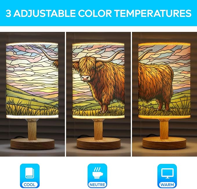 Highland Cow Table Lamp LED 3-Color Pressed Bedside, Highland Cow Shade Lamp with Wood Base for Bedroom Living Room Desk Office TL01
