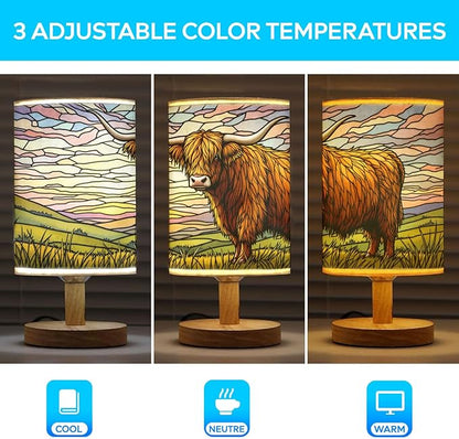 Highland Cow Table Lamp LED 3-Color Pressed Bedside, Highland Cow Shade Lamp with Wood Base for Bedroom Living Room Desk Office TL01