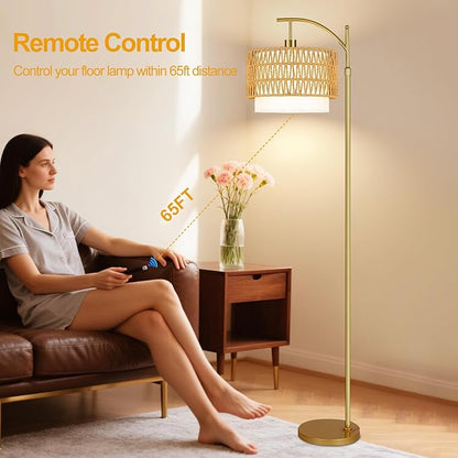 Gold Floor Lamps for Living Room Rattan Boho Floor Lamp with Remote Control & 3 Color Temperature, Dimmable Arc Floor Lamps Wicker Lamp Shades Brass Standing Lamp Tall Floor Lamp For Bedroom Corner