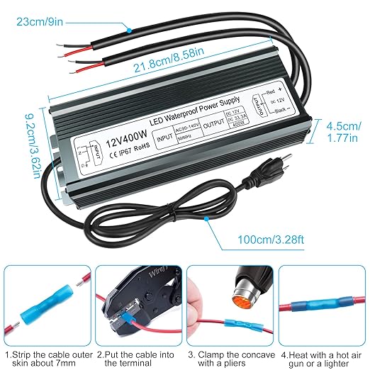 inShareplus 400W 12V Power Supply, AC 90-140V to DC 12 Volt 33.3A LED Driver, IP67 Waterproof Outdoor Low Voltage Transformer with Standard 3-Prong Plug for LED Light and Other 12V Products