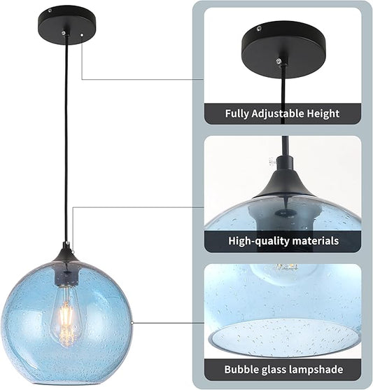 Blue Glass Pendant Lights Kitchen Island Lighting Modern Globe Pendant Light Fixtures Modern Pendant Lights for Kitchen Island Bedroom Living Dining Room Light Fixture-7.8inch