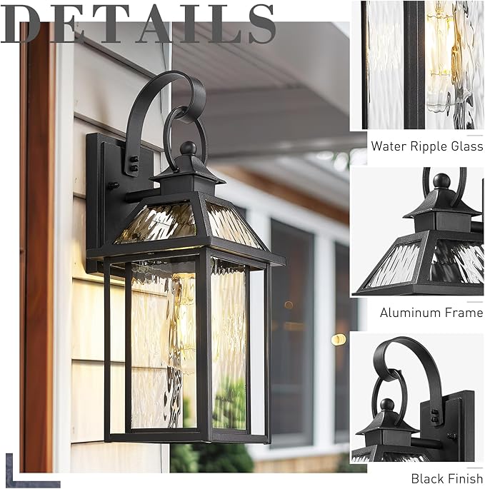 zeyu Exterior Wall Porch Light, 16.3 Inch Outdoor Wall Light Fixture for House in Black Finish, Die-Cast Aluminum with Water Ripple Glass, ZW114B BK-SW