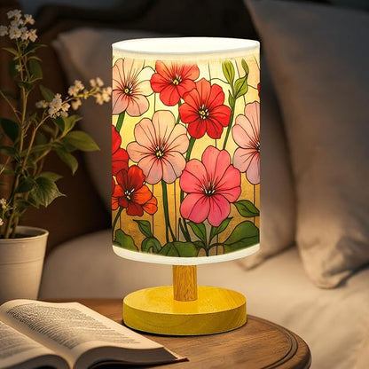 Geranium Table Lamp LED 3-Color Pressed Bedside, Geranium Shade Lamp with Wood Base for Bedroom Living Room Desk Office
