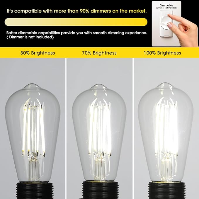 Dimmable Vintage LED Edison Bulbs, 6W, Equivalent 60W, 750lm, Daylight 5000K, 90+ CRI, ST58 Antique LED Filament Bulbs, E26 Medium Base, Clear Glass, Pack of 12