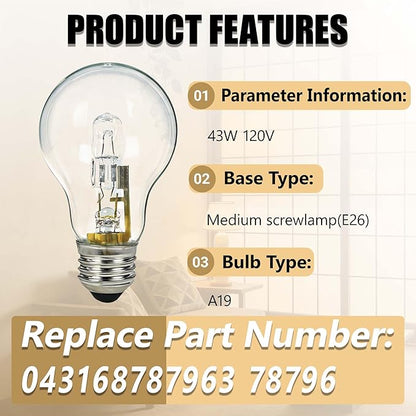 8Pcs 043168787963 78796 Halogen Light Bulbs丨43W 120V Clear Dimmable Bulbs for A19 Type E26 Base丨Suitable for Table Lamps