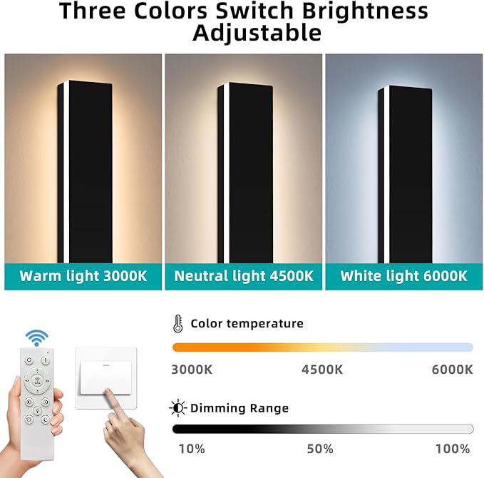Upgrade Widened 2 Pack Long Modern Outdoor Wall Light, 31.4inch Dimmable 3000K-6000K LED Porch Wall Sconce, IP65 Waterproof, Outside Lighting Fixture for House, Yard, Fence with Remote Control