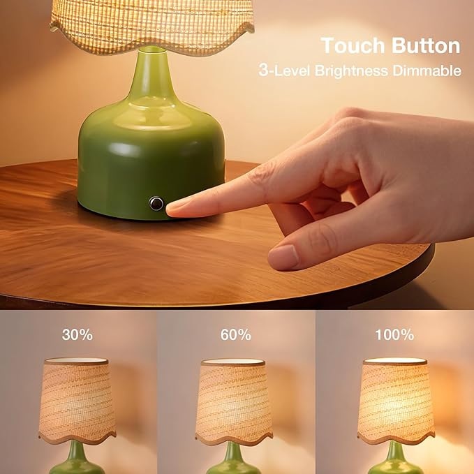 Cordless Boho Table Lamp Green, Wicker Shade, 5200-mAh Rechargeable Battery, 3-Way Dimmable, Build-in Integrated LED 320 Lumen Max, for Bedside Living Room