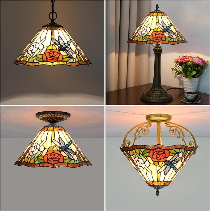 Tiffany Style Lamp Shade, 12 Inch Dragonfly Roses Stained Glass Lamp Shade Replacement Vintage Lamp Cover Accessories Fit for Table Lamp Pendant Light Ceiling Light