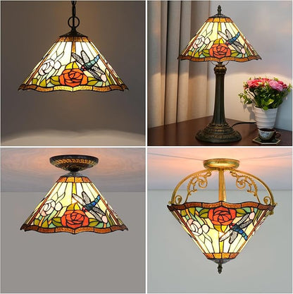 Tiffany Style Lamp Shade, 12 Inch Dragonfly Roses Stained Glass Lamp Shade Replacement Vintage Lamp Cover Accessories Fit for Table Lamp Pendant Light Ceiling Light