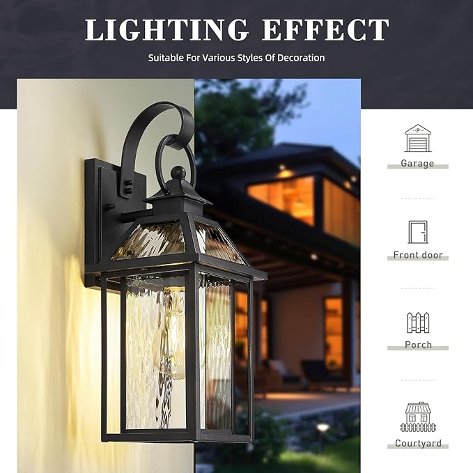 zeyu Exterior Wall Porch Light, 16.3 Inch Outdoor Wall Light Fixture for House in Black Finish, Die-Cast Aluminum with Water Ripple Glass, ZW114B BK-SW