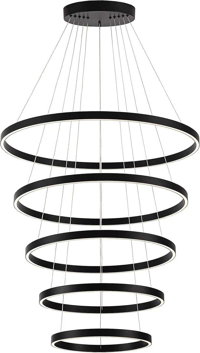 Elegant 5-Rings Black Modern LED Chandelier – Fully Dimmable High Ceiling Pendant Light for Dining Room, Living Room, Foyer & Staircase (Warm White 3000K, Adjustable Size 15.7"-31.4")