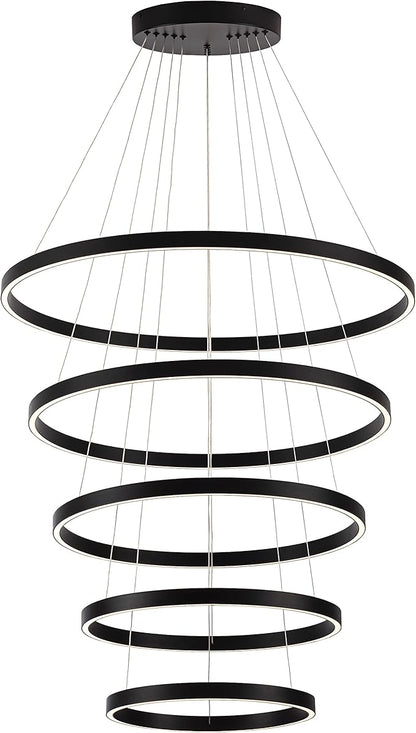 Elegant 5-Rings Black Modern LED Chandelier – Fully Dimmable High Ceiling Pendant Light for Dining Room, Living Room, Foyer & Staircase (Warm White 3000K, Adjustable Size 15.7"-31.4")