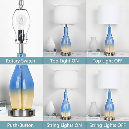 BesLowe 26in Tall Glass Table Lamps Set of 2 with 2 USB Charging Ports & LED Nightlight, Large Coastal Table Lamps for Living Room End Table, Modern Beach Lamps for Bedroom Bedside Nightstand, Blue