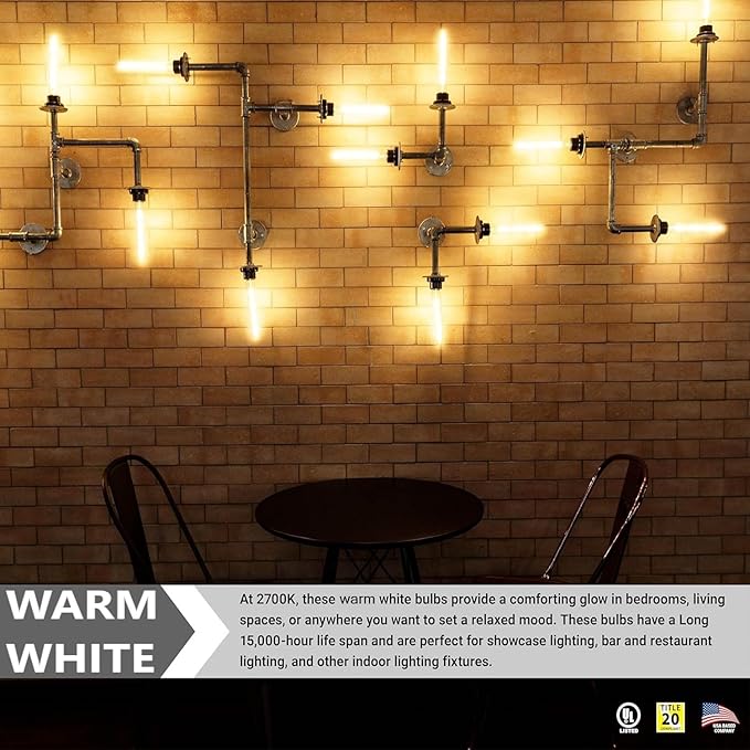 Diodesy- Pack of 5 T8/LED/FS/5W/927 T8 LED Tubular Light Bulb, Long Edison Style Vintage, 5 Watt (40W Equivalent), 2700K Warm White, Dimmable E26 Base for Pendant, Chandeliers, Wall sconces, 450LM, UL