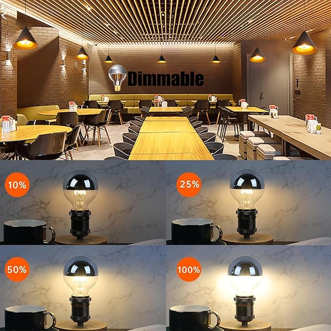 Leools Half Chrome Light Bulb 6W (60W Equivalent) Dimmable LED Edison Bulb G80/G25 Globe Shape Decorative LED Bulb Half Gold Reflected Light 3000K Soft White CR90 E26 Base Pack of 4