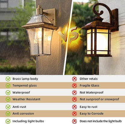 Waterproof Brass Outdoor Wall Lanterns (2-Pack) - E26 Socket & Glass Shade Exterior Wall-Mounted Lights, Rustproof Modern Sconces for Front Door, Porch, Yard & Entryway
