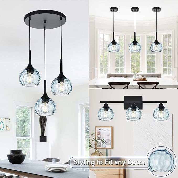 3 Pack Fixture Replacement Globe Shade, 6 Inch Diameter, E26 Base Blue Hammered Glass, Glass Globe Lampshade Cover for Pendant Chandelier Vanity Light No Hardware