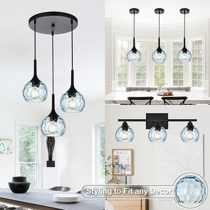 3 Pack Fixture Replacement Globe Shade, 6 Inch Diameter, E26 Base Blue Hammered Glass, Glass Globe Lampshade Cover for Pendant Chandelier Vanity Light No Hardware
