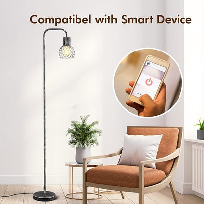 Industrial Floor Lamp, Antique Silver Standing Lamp Modern with 6W LED Bulb, Foot Switch, Metal Tall Lamps for Living Room, Bedroom, Office, Den, Vintage Stand Up Lamp, Minimalist Farmhouse Floor Lamp