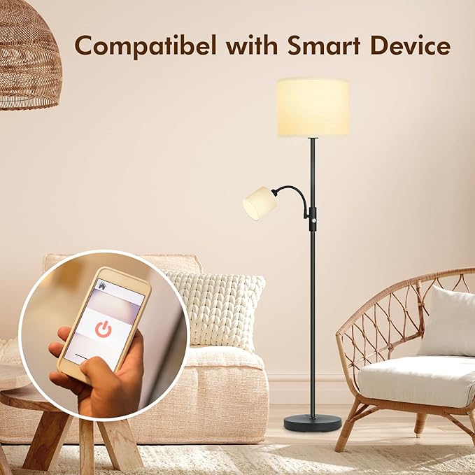Floor Lamps Standing Lamp, Bright Stand up Lamp with Reading Light, White Lampshade, 62" Tall, 3-Way Rotary Switch, Black Corner Light for Bedroom Office, Modern Living Room Decor(LED Bulbs Included)