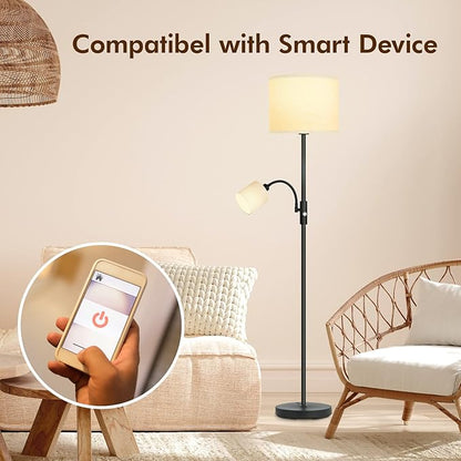 Floor Lamps Standing Lamp, Bright Stand up Lamp with Reading Light, White Lampshade, 62" Tall, 3-Way Rotary Switch, Black Corner Light for Bedroom Office, Modern Living Room Decor(LED Bulbs Included)