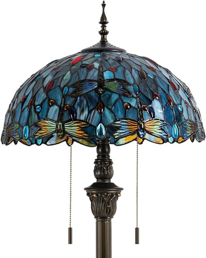 Tiffany Style Floor Lamp, 16" Stained Glass Dragonfly Shade with Antique Bronze Base, 2-Light E26 Pull Chain Standing Reading Light for Living Room, Bedroom, UL Listed, 16x16x64 Inches