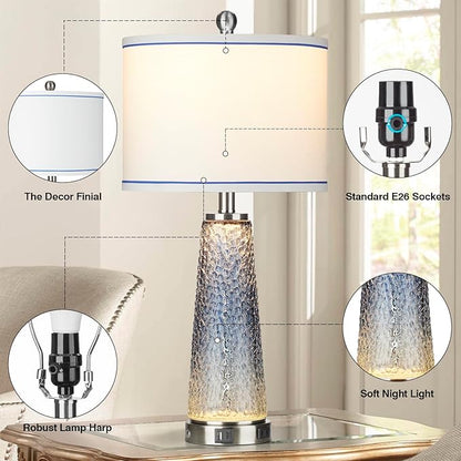 Coastal Glass Table Lamps for Living Room, 26" Table Lamps with USB A+C Ports & AC Outlet, Touch Control Bedside Nightstand Lamp with Crystal Night Light for End Table Office Desk Blue(Bulbs Included)