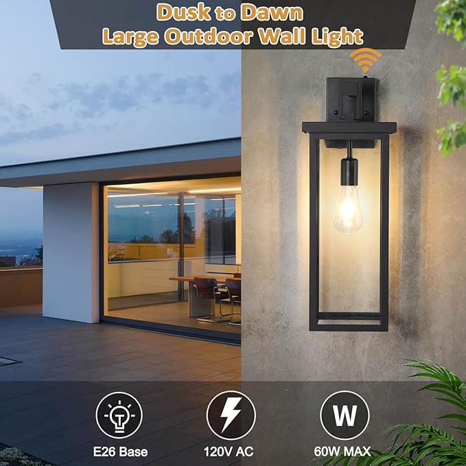 tewei 2 Pack Dusk to Dawn Large Outdoor Wall Lantern, 20 Inch Black Exterior Wall Light Fixtures, Large Porch Light with Clear Shade Sensor Modern Outdoor Sconce Lights for House Garage, E26 Base