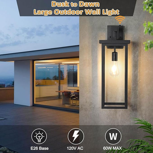 tewei Dusk to Dawn Large Outdoor Wall Lights, 20 Inch Outdoor Sconce Lights Black Exterior Lighting Fixtures, Large Porch Light with Clear Shade Sensor Modern House Lights for Garage, 1 Pack