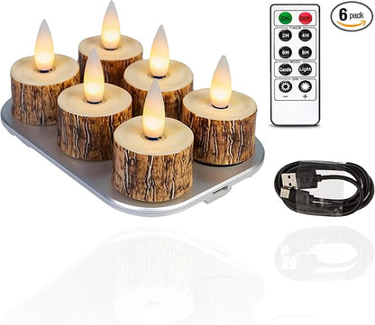 Rechargeable Flameless Candle with Remote Timer, 3D Moving Flame Real Wax Led Candles (Includes Remote Control, Charging Base, and USB Cable) (Rech-6Tealight-bark, 1.4in)