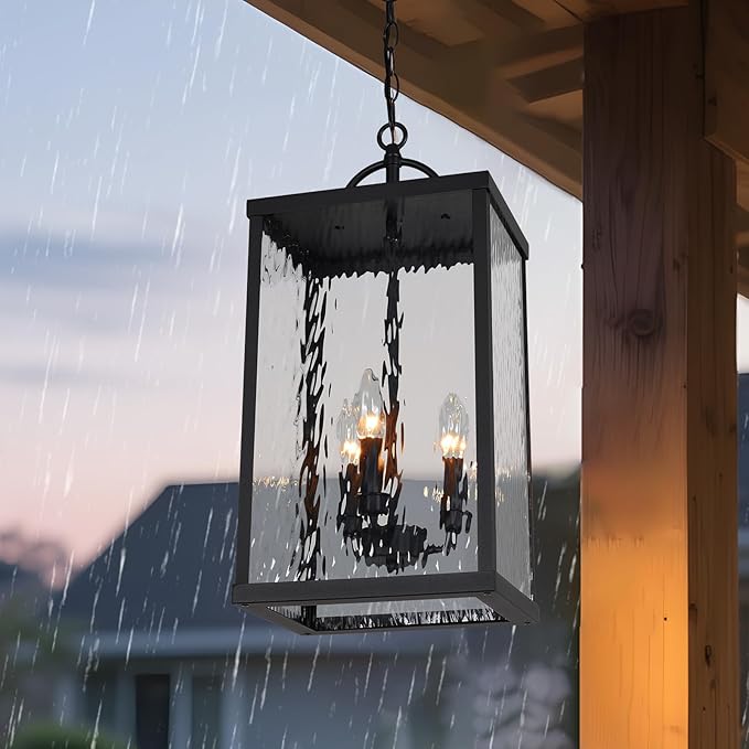 Large Outdoor Pendant Light, 22" Farmhouse Hanging Lantern with Water Ripple Glass, Vintage Black Adjustable Exterior Chandelier Fixture Ceiling Light for Porch, Patio, Gazebo, Entryway