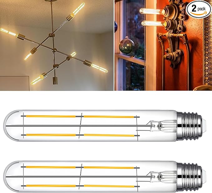 7.3 Inch T10 LED Bulb 6W (Equal 60W), Jacqueny 2PCS Dimmable Clear T10 LED E26 High Output 2700K Warm White, No-Flicker Edison T30/T10 Tubular Light Bulb 600LM, Long Lifetime For Wall Sconces, Pendant