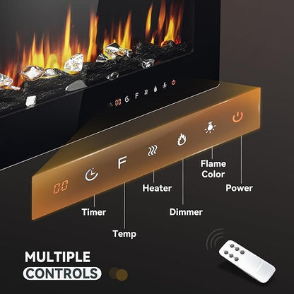 EUHOMY 60 Inch Electric Fireplace Wall Recessed and Wall Mounted with Adjustable Flame Color, Fireplace Heater with Remote Control, Linear Fireplace with Timer, Touch Screen, Log & Crystal, 750/1500W
