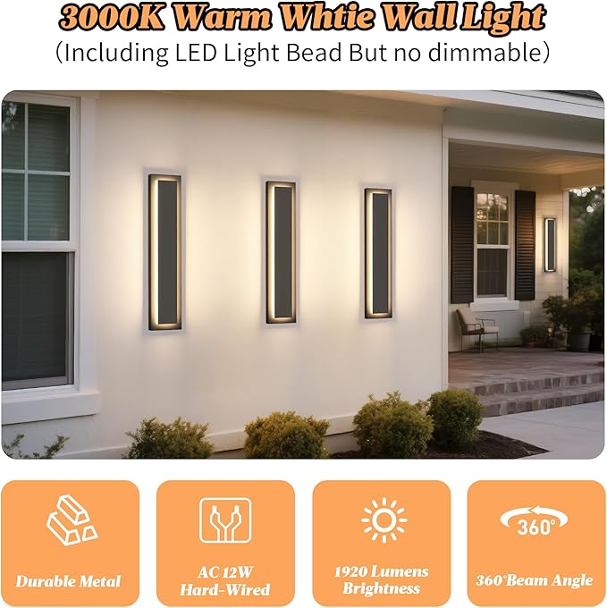 24 in Long Black Outdoor Wall Lights Exterior Lights for House, 4 Pack Front Porch Light Fixture, 24W Modern LED Outdoor Wall Sconce, Waterproof Outside Garage Light, 3000K Warm White