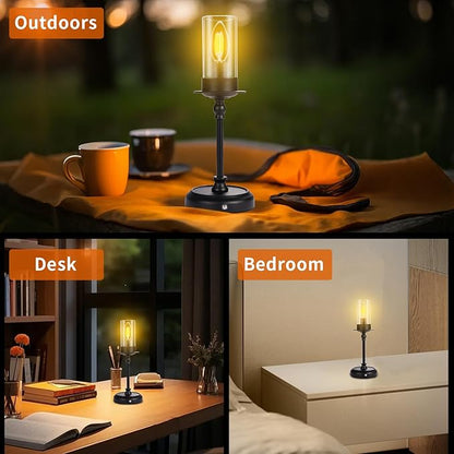 Vintage LED Candle Table Lamp: Cordless with Built-in Rechargeable Battery, Touch Control, Retro Decor Ambient Light for Restaurant, Patio, Bedroom, Desk & Bedside Night Lamps