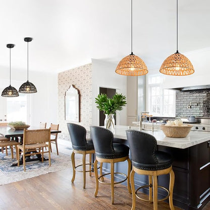 3 Pack Woven Pendant Light Fixtures,10.2" Brown Rattan Pendant Lights Farmhouse Basket Light Fixture Adjustable Boho Hanging Lamp for Kitchen Island Bedroom Dining Room Foyer Hallway